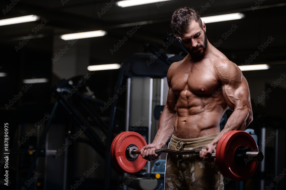 sexy strong bodybuilder athletic men pumping up muscles with dumbbells sexy strong bodybuilder athletic men pumping up muscles with dumbbells