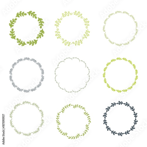 Collection of round frames from a hand drawing of leaves. Vector illustration.
