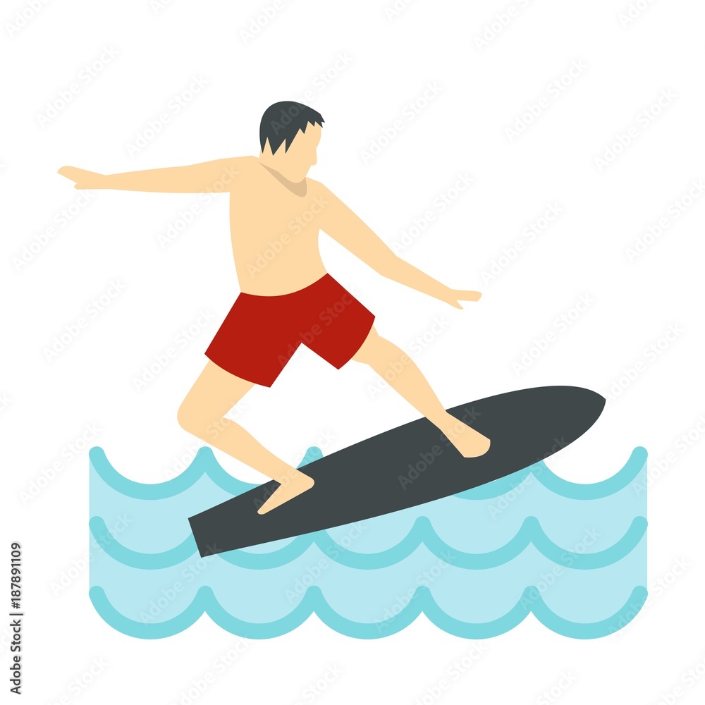 Surfer man on surfboard icon, flat style