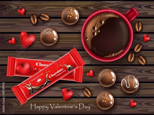 Red chocolates and coffee cup realistic Vector. Valentine day card with sweet...