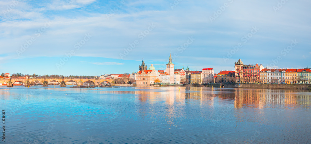 Prague Castle and Charles Bridge, Prague, Czech Republic, Vltava river in foreground