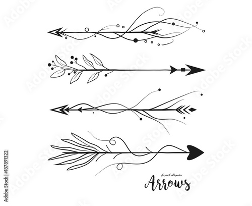 Arrow hand drawn set. Vector arrows collection in boho rustic style. Linear beautiful ornate with curve dots vintage illustration. Decorative lovely pattern arrows icon art selection for design