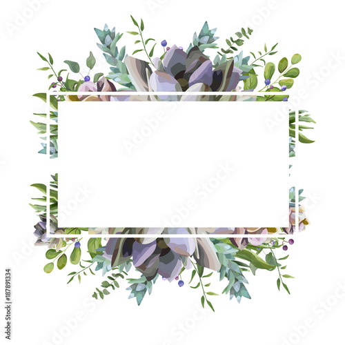 Vector card design with Succulent flower plant, berry herb leaf mix watercolor hand drawn beautiful bouquet. Elegant postcard, greenery wedding invite. Lovely echeveria cactus border, text space frame