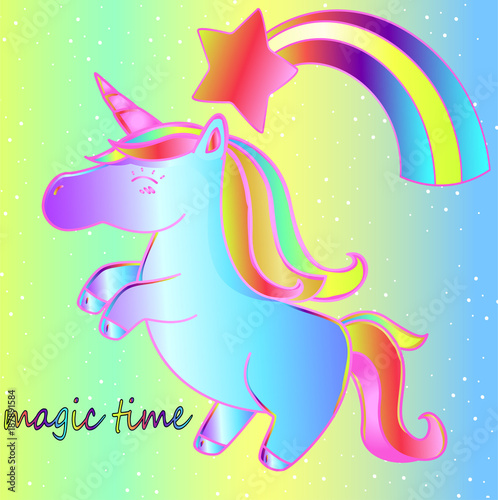 A unicorn and a rainbow on a bright neon background is a magical time. Bright children's fairy-tale poster