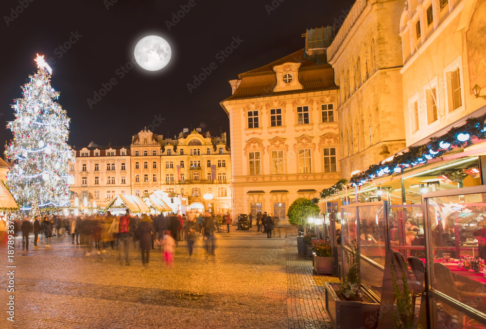 Christmas tree in magical city of Prague at night, Czech Republic 