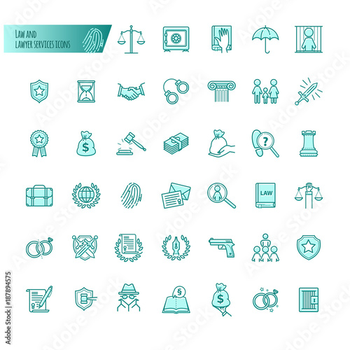 Law and lawyer services vector icons set for web design, mobile app, graphic design
