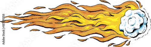 A cartoon snowball flying through the air with a trail of fire flowing behind it.