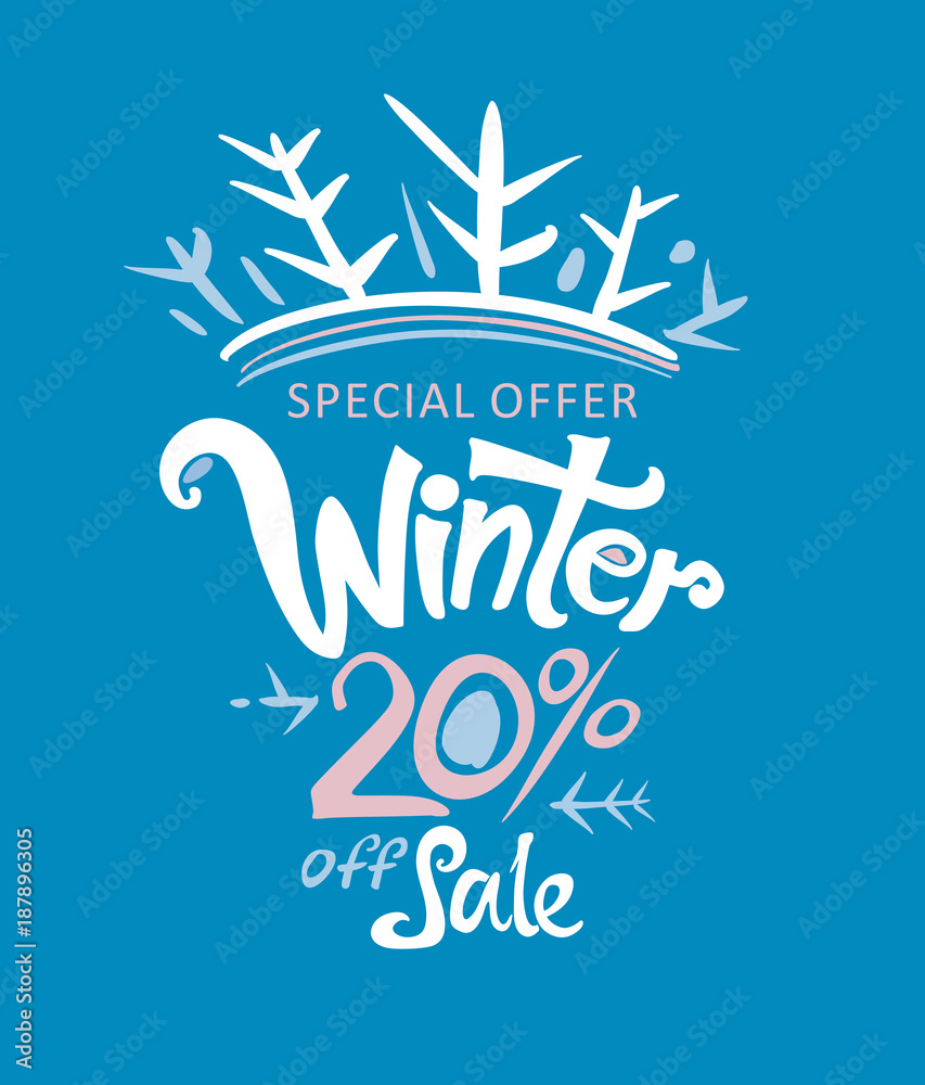 Winter. 20% off sale. Handwritten lettering on a bright blue background. Sales Promotion Poster.