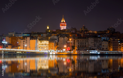 Galata Tower, Galata Bridge, Karakoy district and Golden Horn at night, istanbul - Turkey