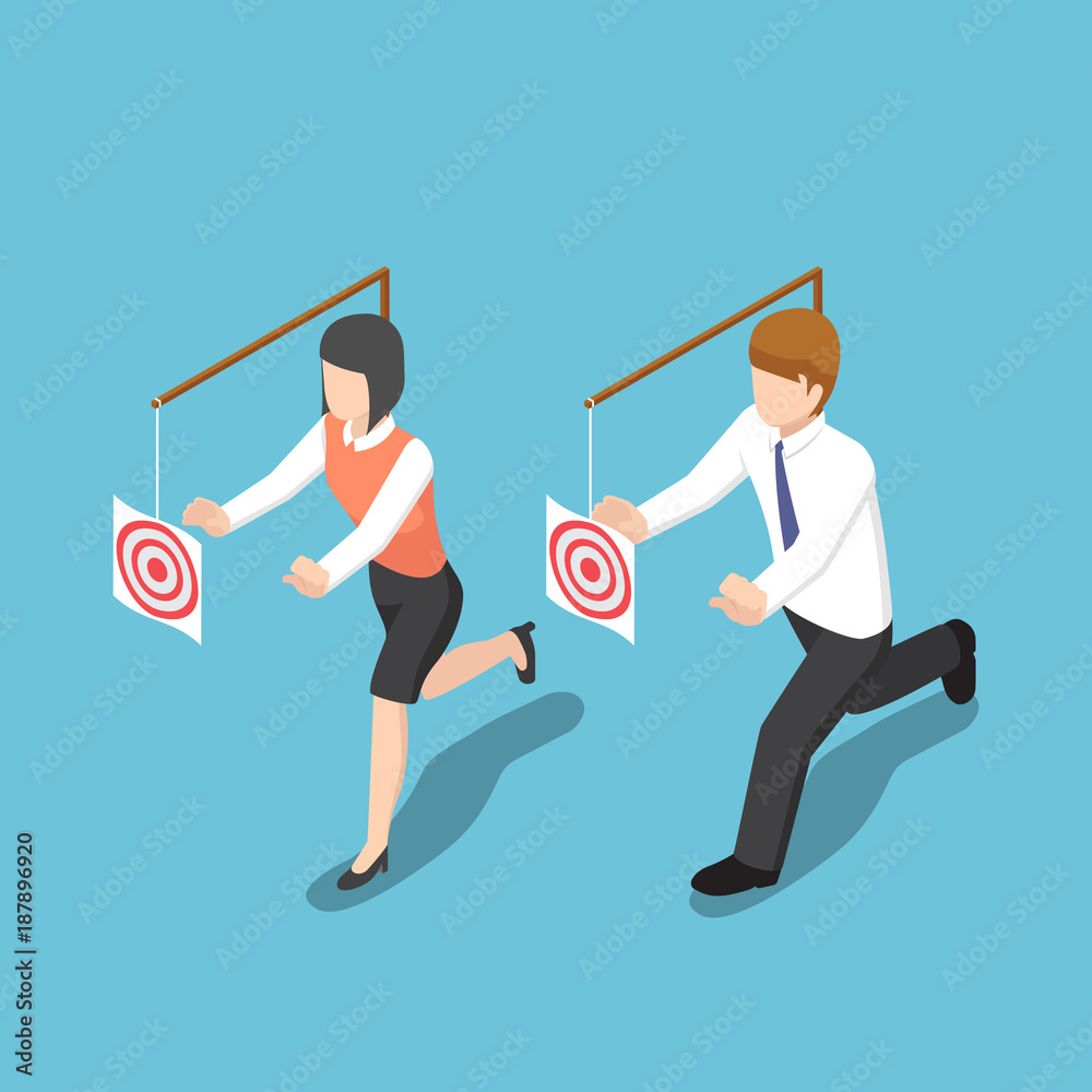 Isometric business people try to catch target. Isometric business people try to catch target.