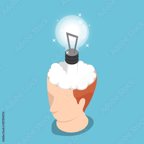 Isometric idea rocket launching from businessman head.