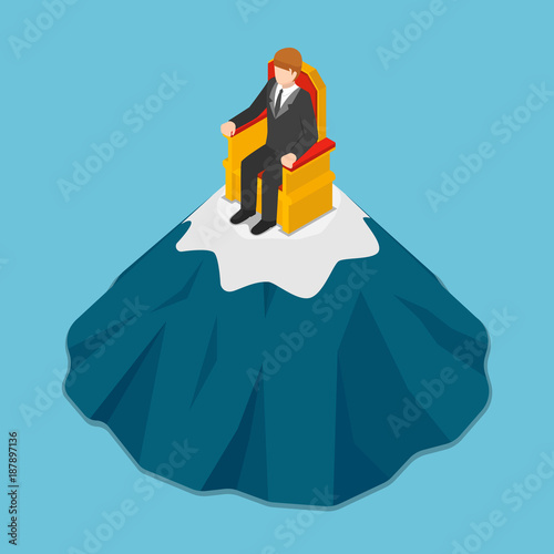 Isometric businessman sitting on the throne at top of mountain.