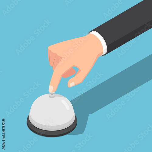 Isometric businessman hand ringing service bell.
