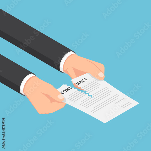 Isometric businessman hands tearing up a contract or agreement document.