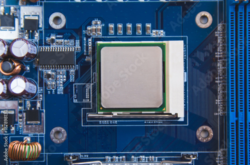 close up CPU chip microprocessor on motherboard socket top view