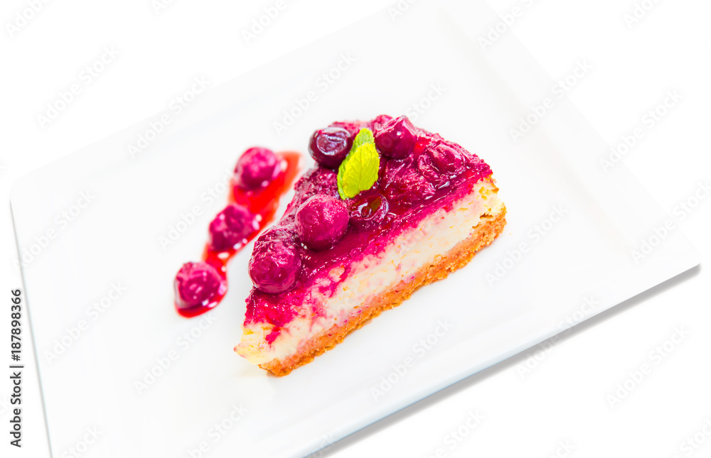 Piece of sour cherry cake on a plate Piece of sour cherry cake on a plate