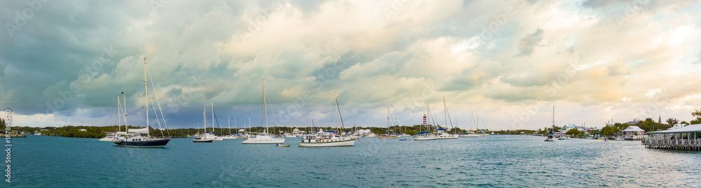 Panorama of the harbor in Hopetown, Bahamas.