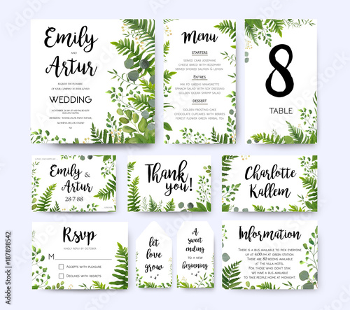 Wedding invite, invitation menu rsvp thank you card vector floral greenery design: Forest fern frond, Eucalyptus branch green leaves foliage herbs greenery berry frame border. Watercolor template set