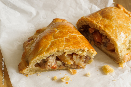 Welsh Oggie a delicacy from Wales of lamb leeks and vegetables baked in pastry similar to a Cornish pasty photo