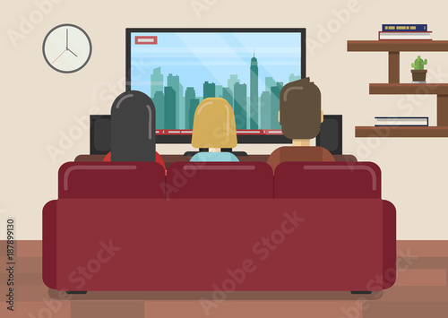 Flat vector illustration of family sitting on couch watching news in living room