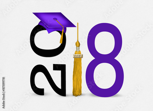 purple graduation cap on text with gold tassel for class of 2018 on soft white textured background