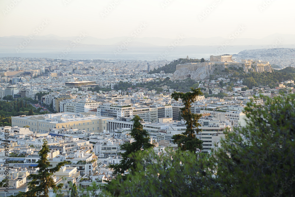 View over the city and the acropolis from Lycabettus hill in Athens, Greece