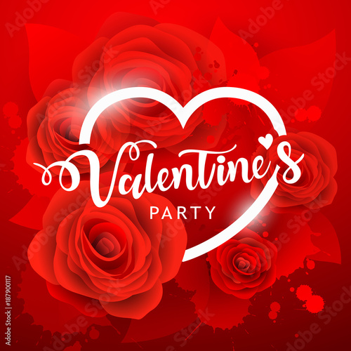 Happy Valentine's day party white message and red rose background, vector illustration