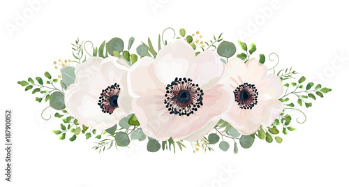 Flower Bouquet vector watercolor design element. Peach, pink white rose Anemone flower, wax eucalyptus green fern leaf, berry mix. Greeting lovely floral card elegant. All elements isolated & editable