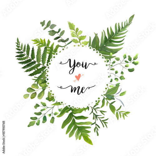 Green Leaves foliage vector round greenery leaf wreath of eucalyptus branches forest fern frond herb plant assortment mix card design Delicate natural rustic elegant watercolor illustration text space