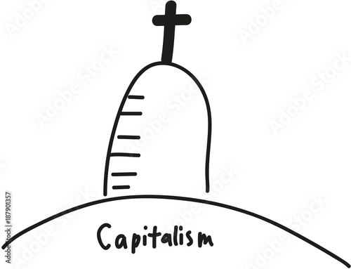 Der Kapitalismus am Ende? Grabstein mit Kreuz, eine Gesellschaftsordnung in der Kritik, Ausbeutung und Klassengesellschaft, Profitgier und Habsucht