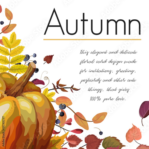 Vector floral watercolor style card design Autumn: pumpkin colorful fall orange yellow brown red leaves herb forest  natural berries background. Greeting postcard invite decorative copy space template