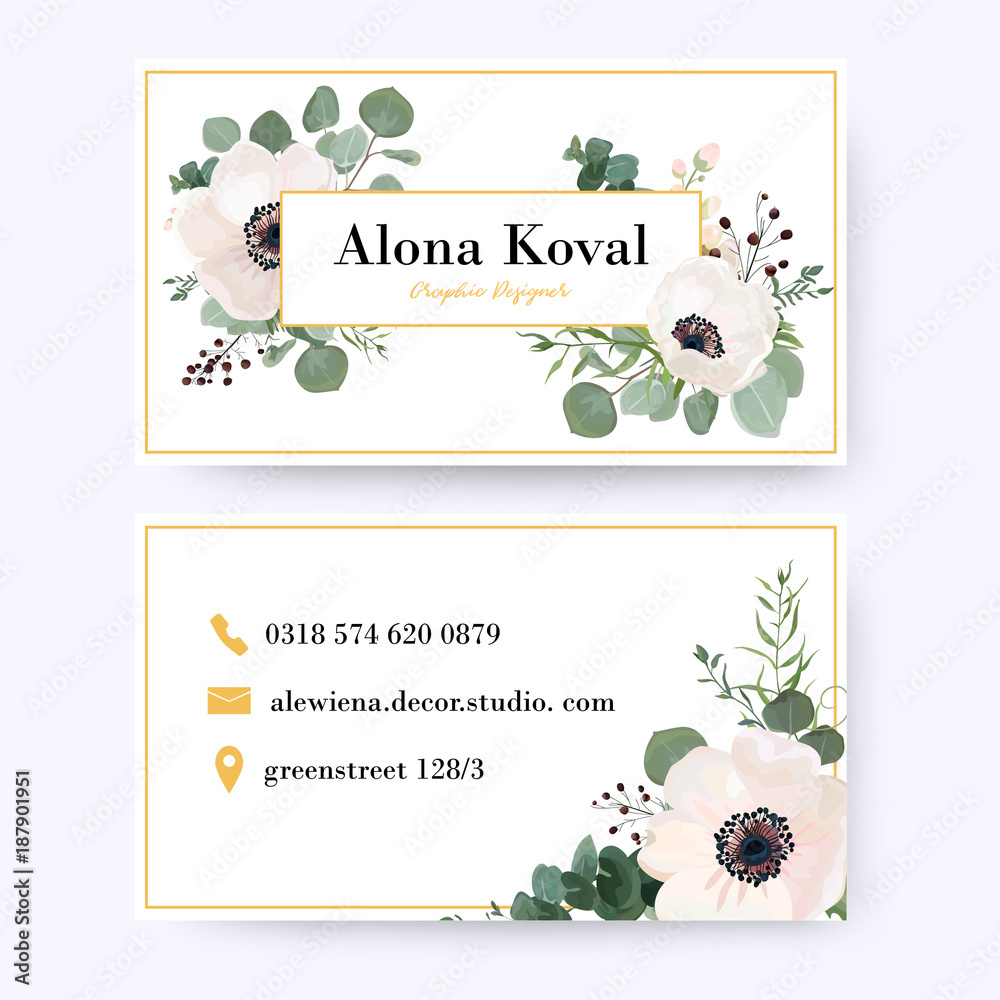Floral business card design. Vintage anemone flower eucalyptus greenery leaves frame pattern in modern style with golden frame. Complied with the standard size. Elegant delicate tender creative layout