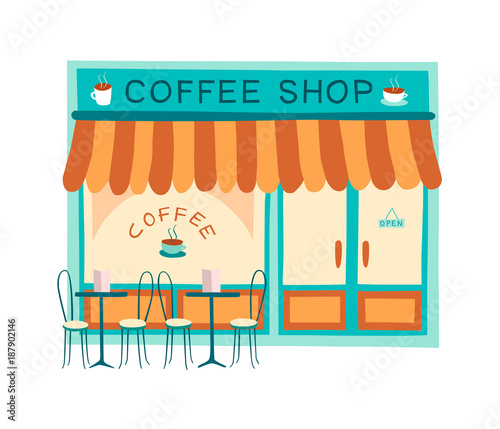 Coffee shop front vector illustration on flat style. Colorful drawing of  the front of cafe and restaurant Stock Vector | Adobe Stock