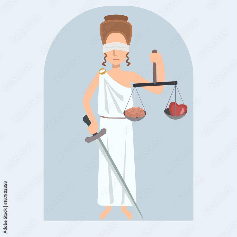 Lady Justice  vector cartoon  with brain and heart on balance
