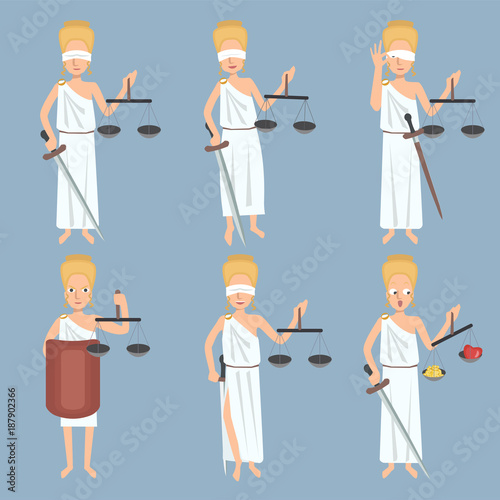 Lady Justice funny poses set vector cartoon
