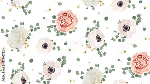 Seamless pattern Vector floral watercolor design: garden rose peony, powder white pink Anemone flower silver Eucalyptus branch green thyme wax flowers greenery leaves. Rustic romantic background print