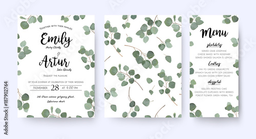 Wedding invite invitation menu  card vector floral greenery design: forest Eucalyptus branches & green leaves foliage greenery frame pattern. Postcard, poster label. Watercolor elegant hand drawn set