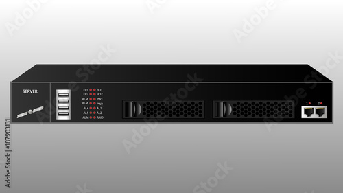 Carrier-class server for rack-mounting. The name and emblem are invented. Vector illustration.