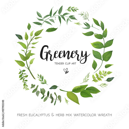 Floral vector card Design with green Eucalyptus fern leaves elegant greenery, herbs forest round, circle wreath beautiful cute rustic frame border print. Vector garden illustration, Wedding Invitation