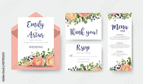 Wedding invite invitation menu thank you rsvp card vector floral design with pink peach garden Rose, ranunculus flower eucalyptus forest fern leaves bright pattern. Watercolor rustic style elegant set
