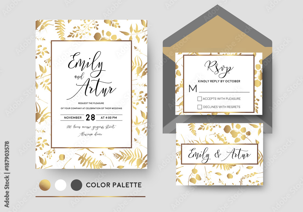 Wedding invite, invitation, rsvp poscard vector stylish chic floral design; golden foil print pattern of forest leaves, palm, fern fronds, eucalyptus branches, herbs mix. Luxury, printable elegant set