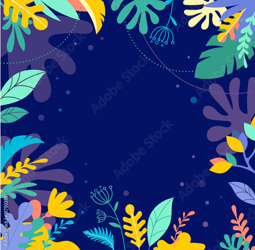 Colorful, vibrant colors palm leaves background. Tropical illustration, Jungle foliage