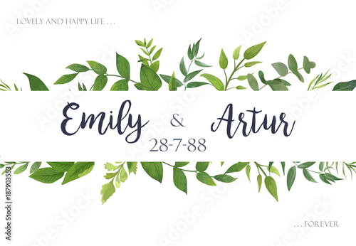Wedding invite, invitation, save the date card Design with green leaves greenery eucalyptus foliage forest bouquet frame. Vector rustic postcard illustration layout.
