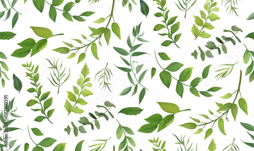 Seamless pattern of Eucalyptus palm fern different tree, foliage natural branches, green leaves, herbs, tropical plant hand drawn watercolor Vector fresh beauty rustic eco friendly background on white