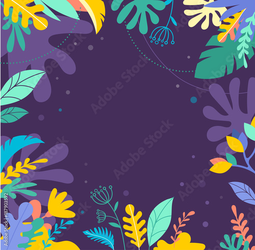 Colorful, vibrant colors palm leaves background. Tropical illustration, Jungle foliage