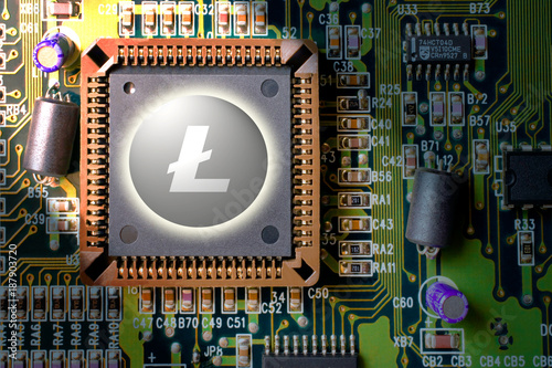 Virtual cryptocurrency and blockchain - financial technology and internet money - circuit board mining and coin Litecoin photo