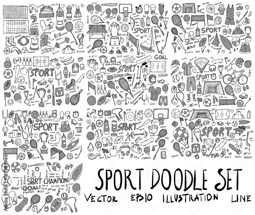 Fototapeta Set of Sport Hand drawn doodle Sketch line vector scribble eps10