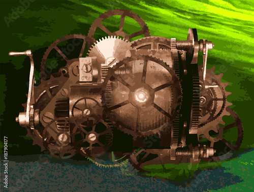 Machine fictive composée d'engrenages se déplaçant sur une pelouse verte imaginaire