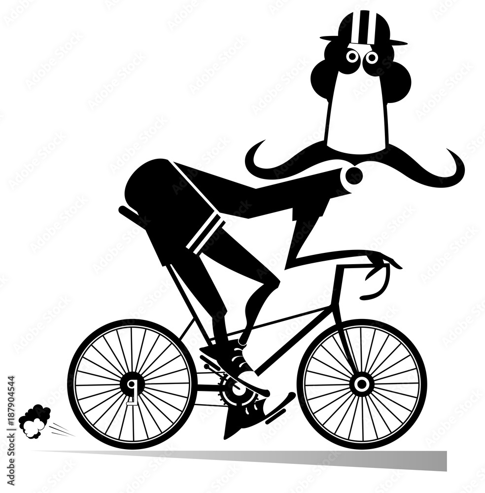 Funny long mustache man in helmet rides a bike black on white silhouette illustration