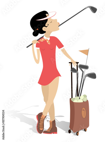 Young woman plays golf isolated illustration. Pretty young woman with a golf club on the shoulder and bag full of golf clubs and balls isolated on white illustration

